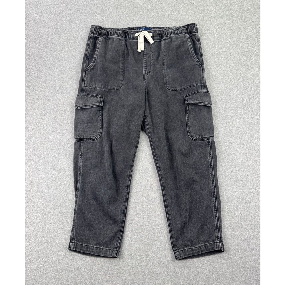 GAP Mid Rise Easy Cargo Pull-On Jeans Womens L Black Wash 100% Cotton Cropped